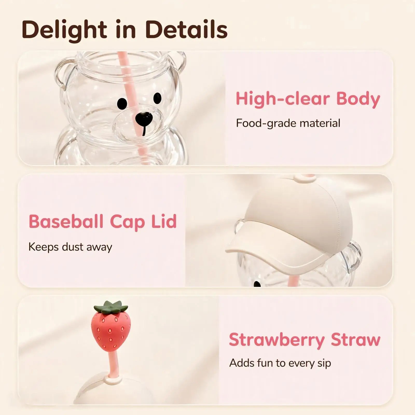 Cute Bear Shaped Glass Cup — 20oz Adorable Drinking Bottle with Straw