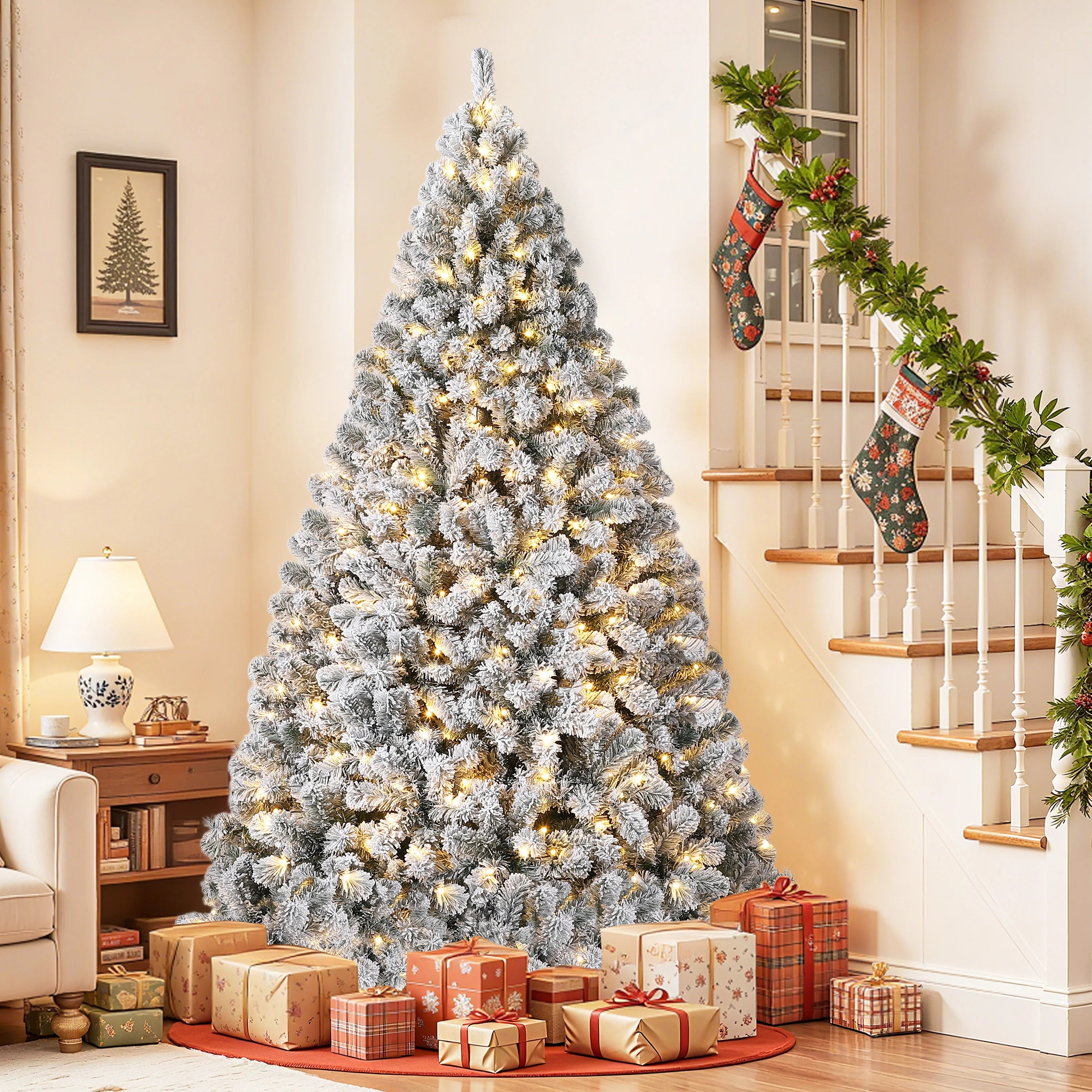 GAOMON Flocked Pre-Lit Artificial Christmas Tree — Snowy Fraser Fir Decor