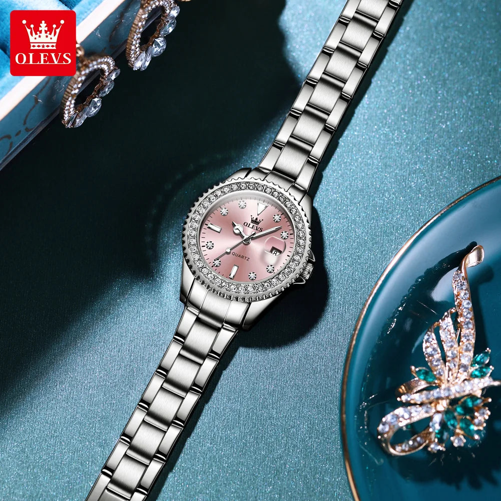 OLEVS Luxury Women's Quartz Watch — Stainless Steel Diamond Scale Bracelet