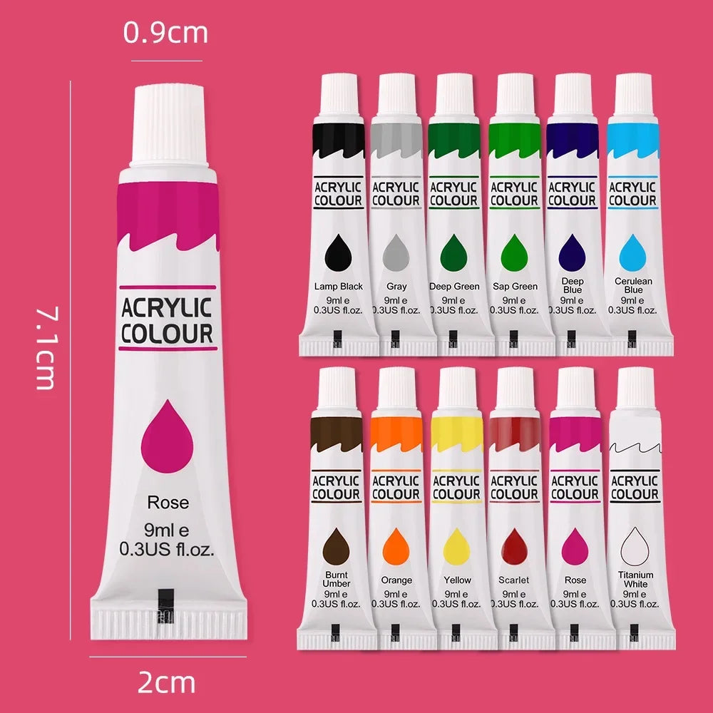 12 Color Acrylic Paint Set — Vibrant Waterproof Art Supplies for Canvas and Wood