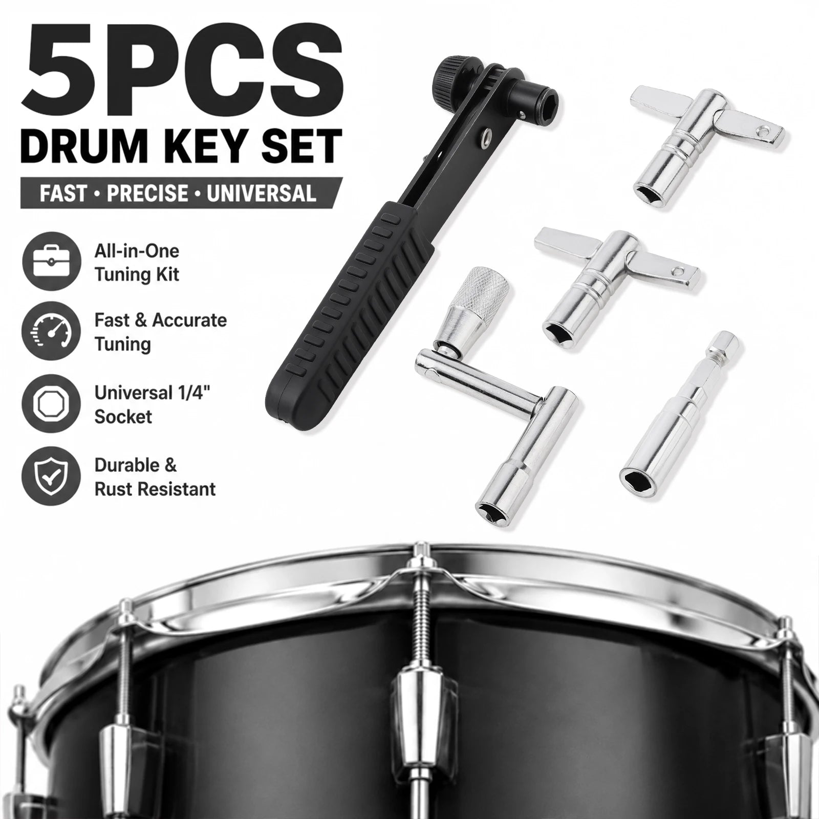 5-Piece Drum Tuning Key Set — Professional Maintenance Kit for Acoustic & Electronic Drums