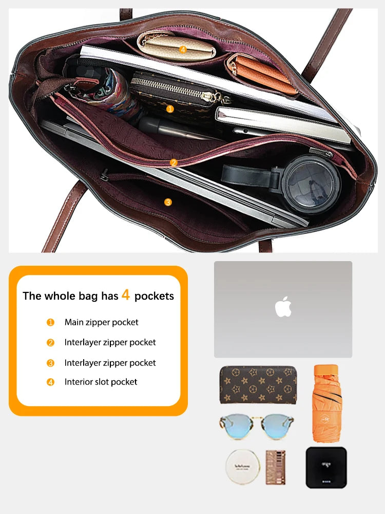 ZENCY Genuine Leather Tote Bag — Large Capacity Shoulder Bag for Work & Travel
