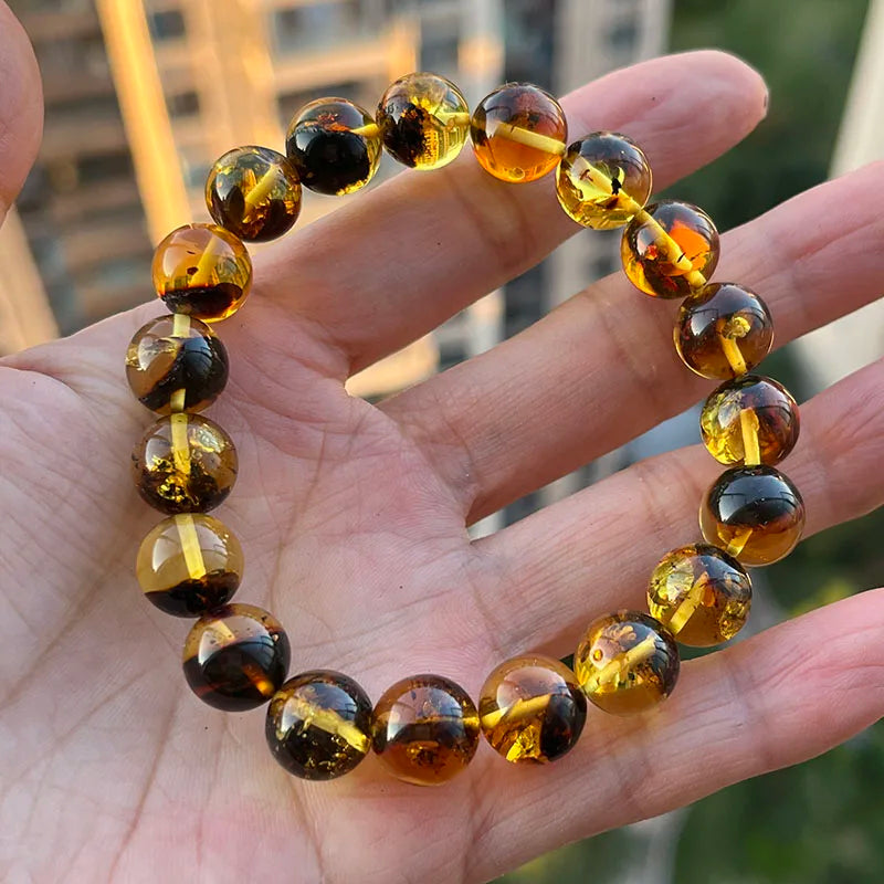 Yoowei Natural Baltic Amber Bracelet — Round Piebald Gemstone Jewelry