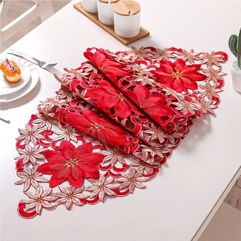 Christmas Floral Tablecloth — Festive Embroidered Table Runner Decor
