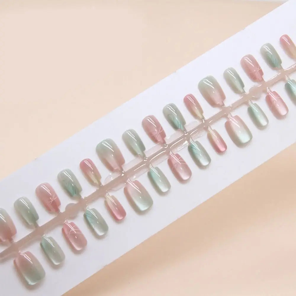 Square False Nail Tips — French Style Cat Eye Full Cover Set