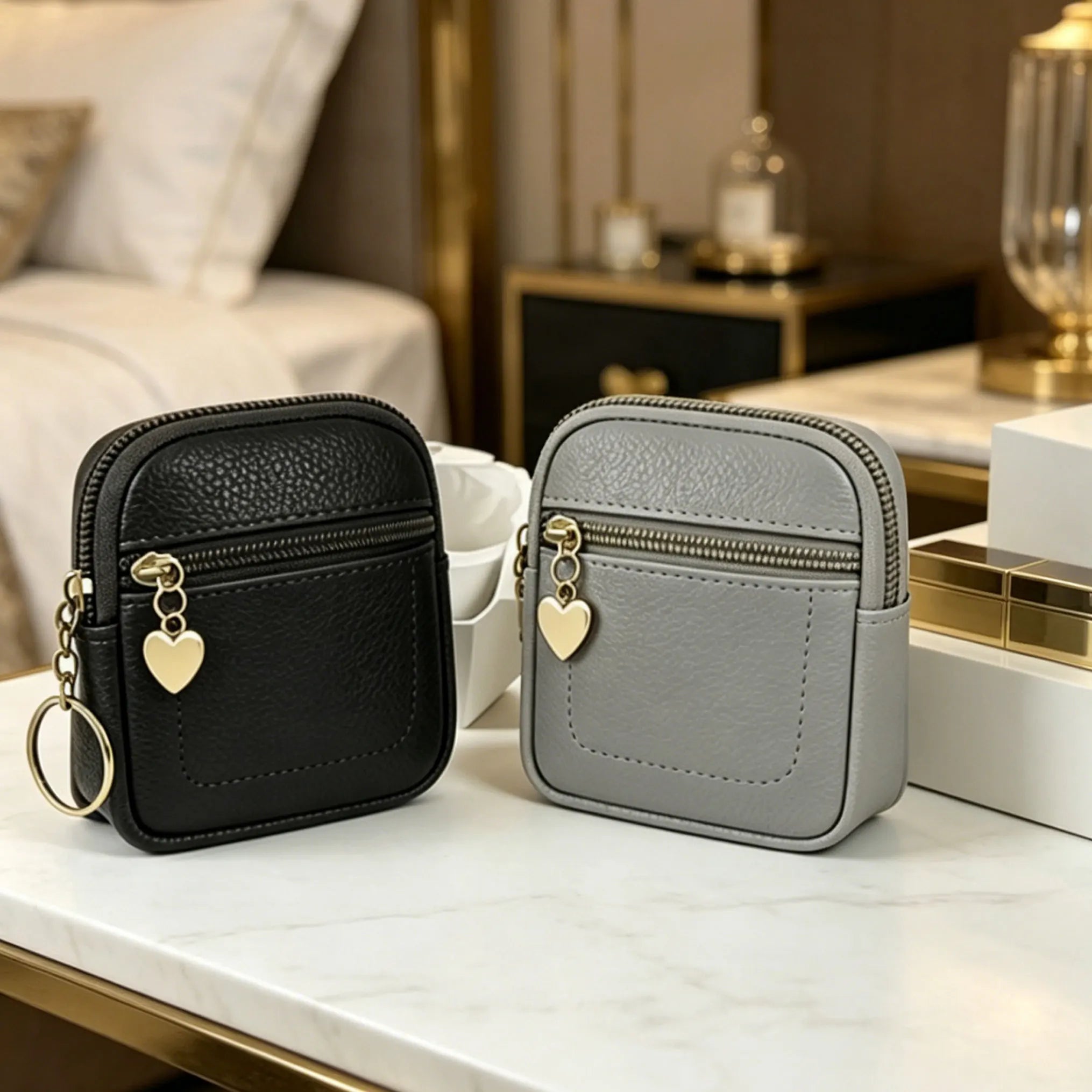 PU Leather Coin Purse — Portable Wrist Bag with Keychain Ring