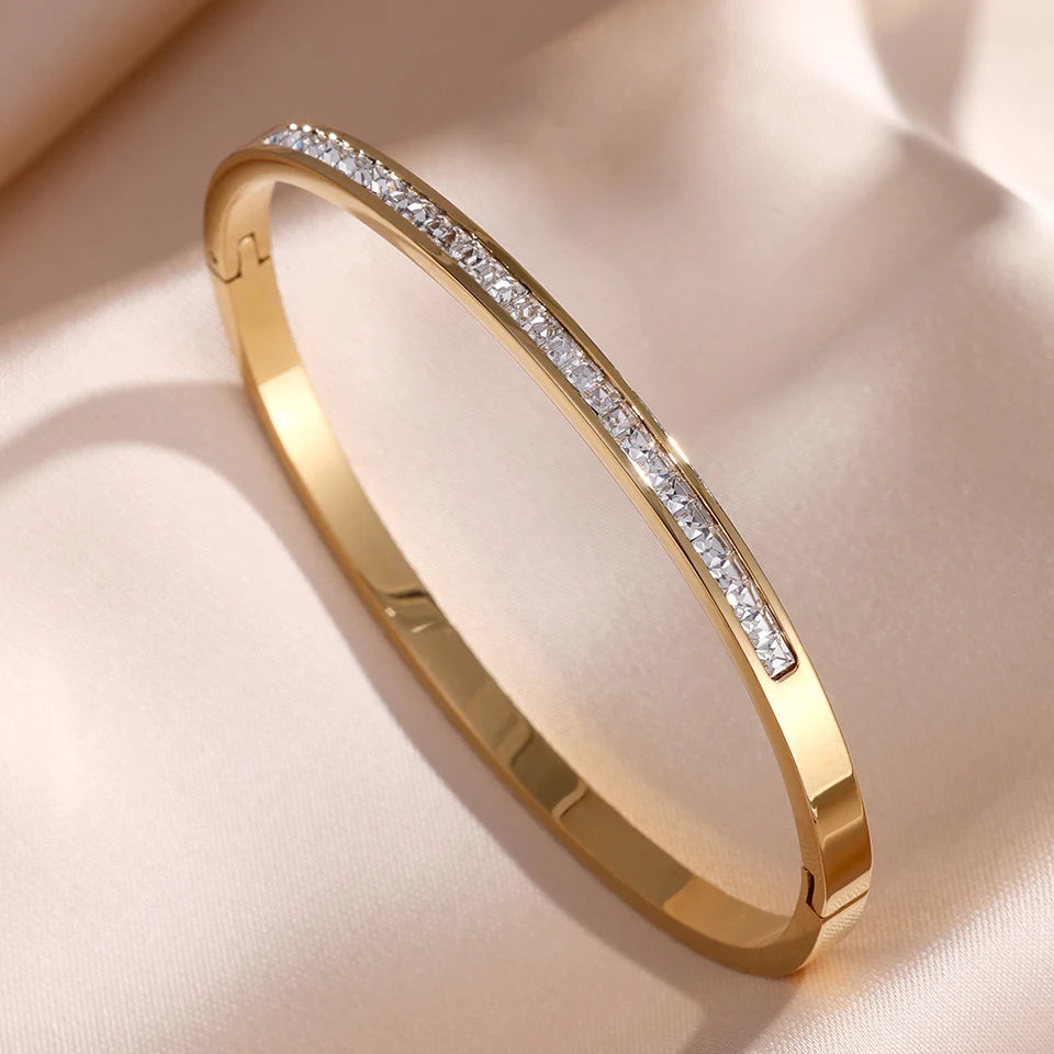 Sparkling Zirconia Stainless Steel Bracelet Set — Stackable Cuff Bangles for Women