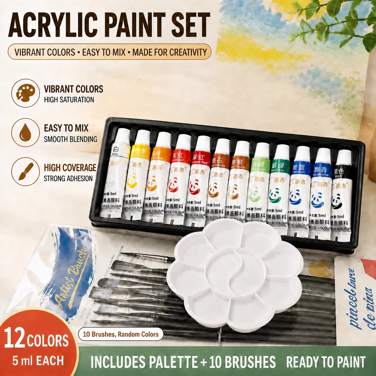 Acrylic Paint Set — Complete Art Kit with Brushes and Palette