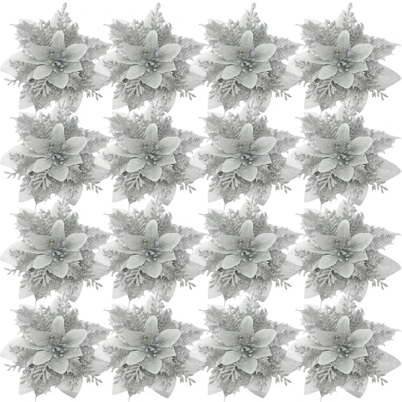 Glitter Artificial Poinsettia Flowers — Festive Holiday Tree Ornaments