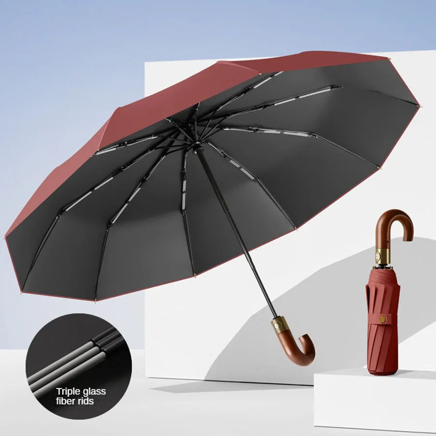 Compact Folding Umbrella — Windproof UV Protection with Curved Handle