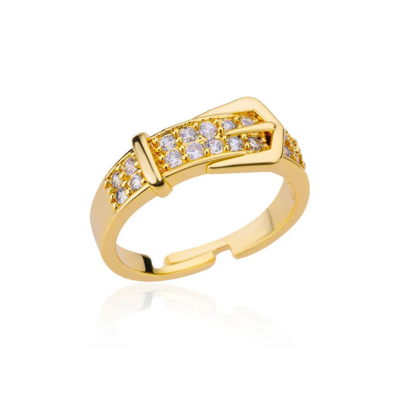 Obega Gold Buckle Ring — Sparkling Zircon Adjustable Fashion Jewelry