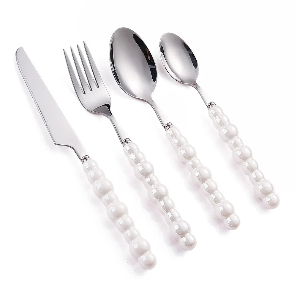 Luxury Ceramic Pearl Handle Cutlery Set — Stainless Steel Spoon and Fork Set
