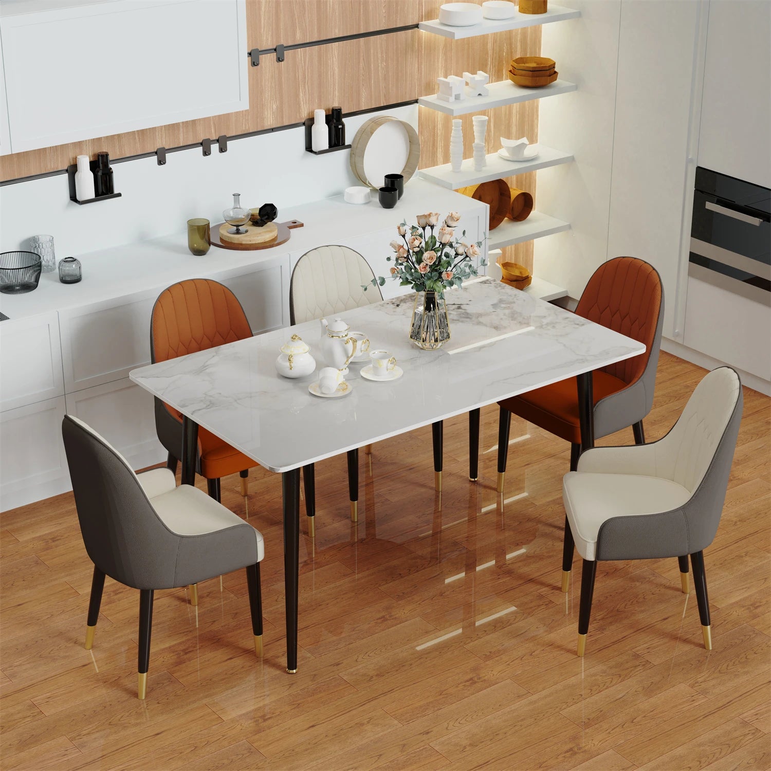 Modern Marble Dining Table — High Gloss Rectangular Kitchen Island Surface