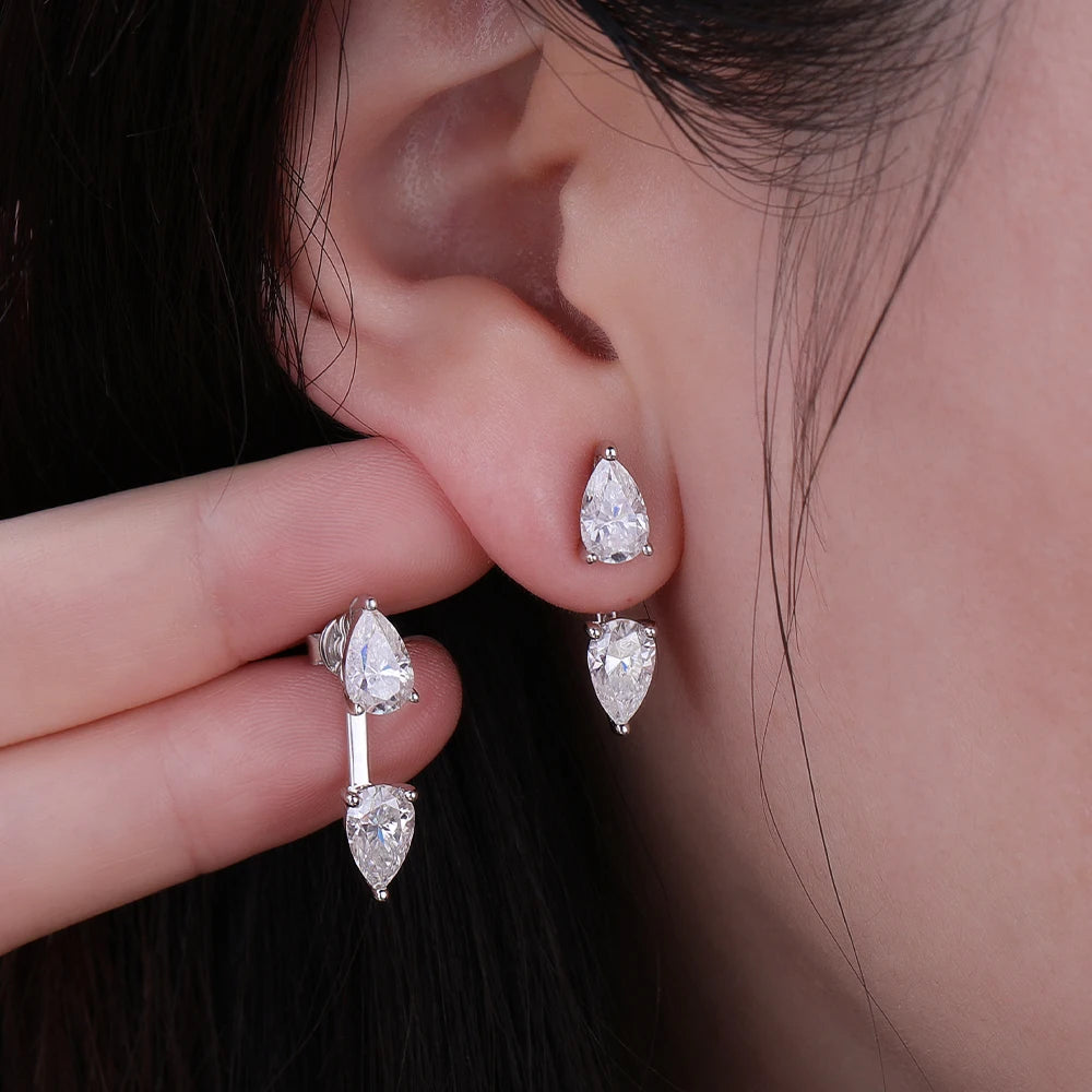FEOBUR Moissanite Pear Cut Ear Jackets — 925 Sterling Silver Waterdrop Studs