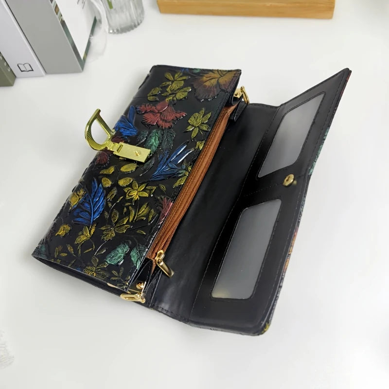 Floral Embossed Leather Clutch — Convertible Crossbody Bag with Chain