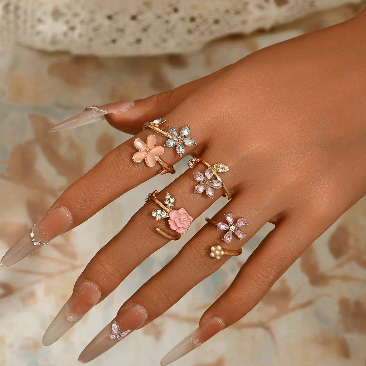 Obega Romantic Flower Ring Set — Rose Enamel & Crystal Stackable Rings
