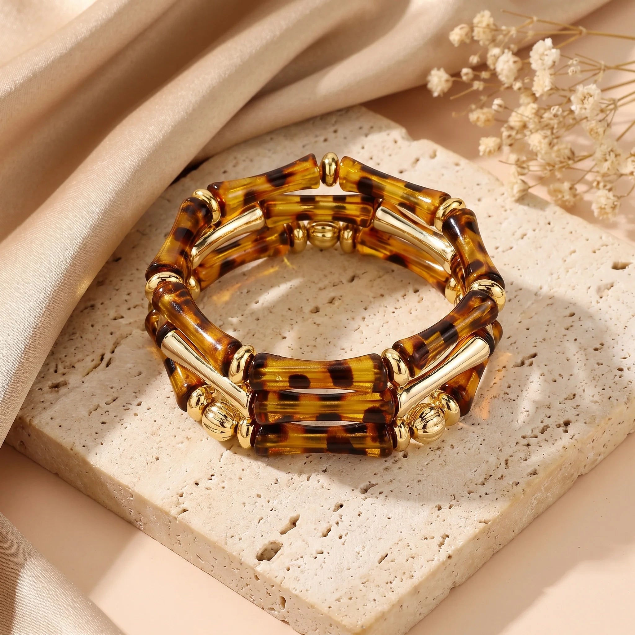 Obega Tortoise Shell Bamboo Tube Bracelet — Vintage Gold Accent Bangle