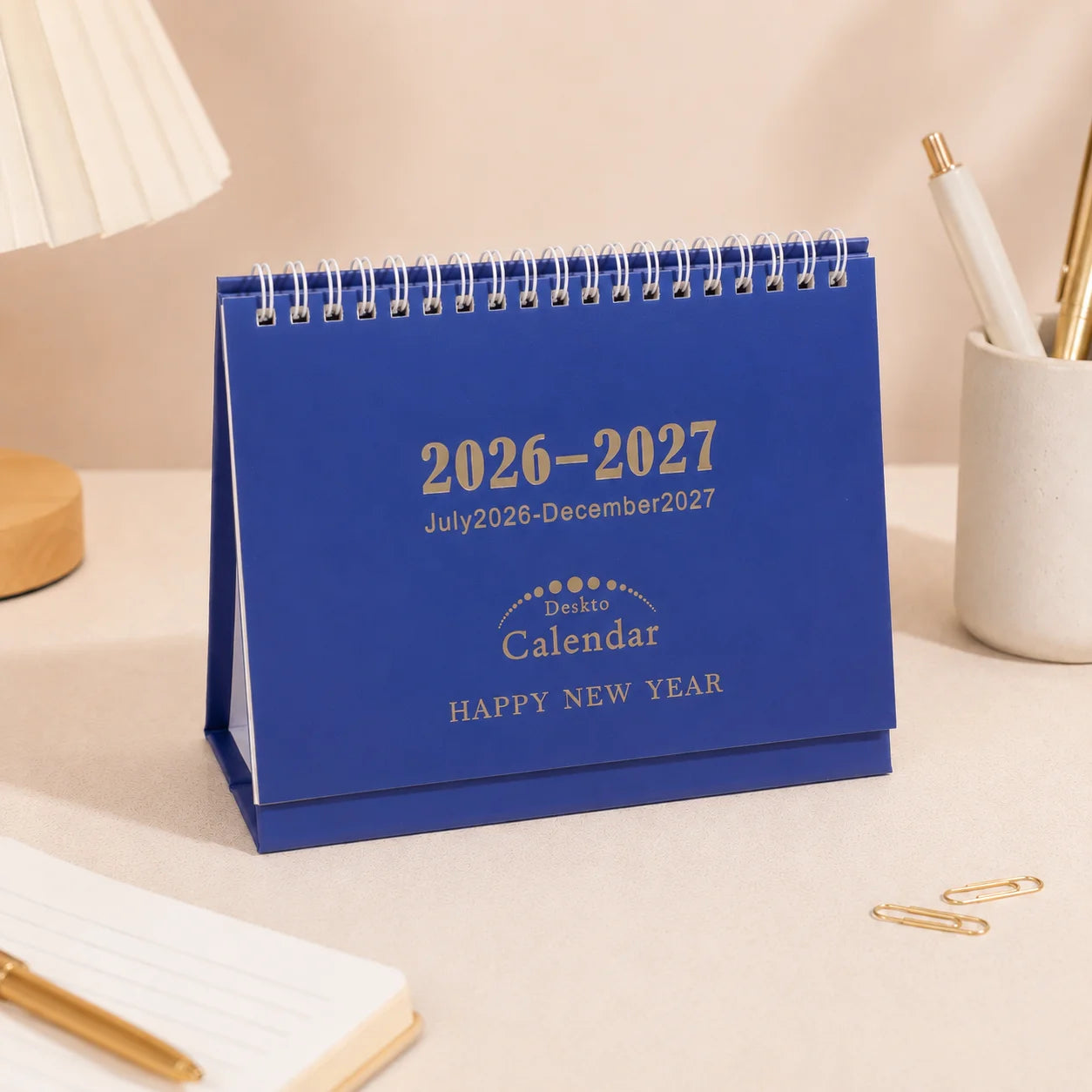18-Month Desk Calendar — Foldable Stand & Gold Stamped Hard Cover