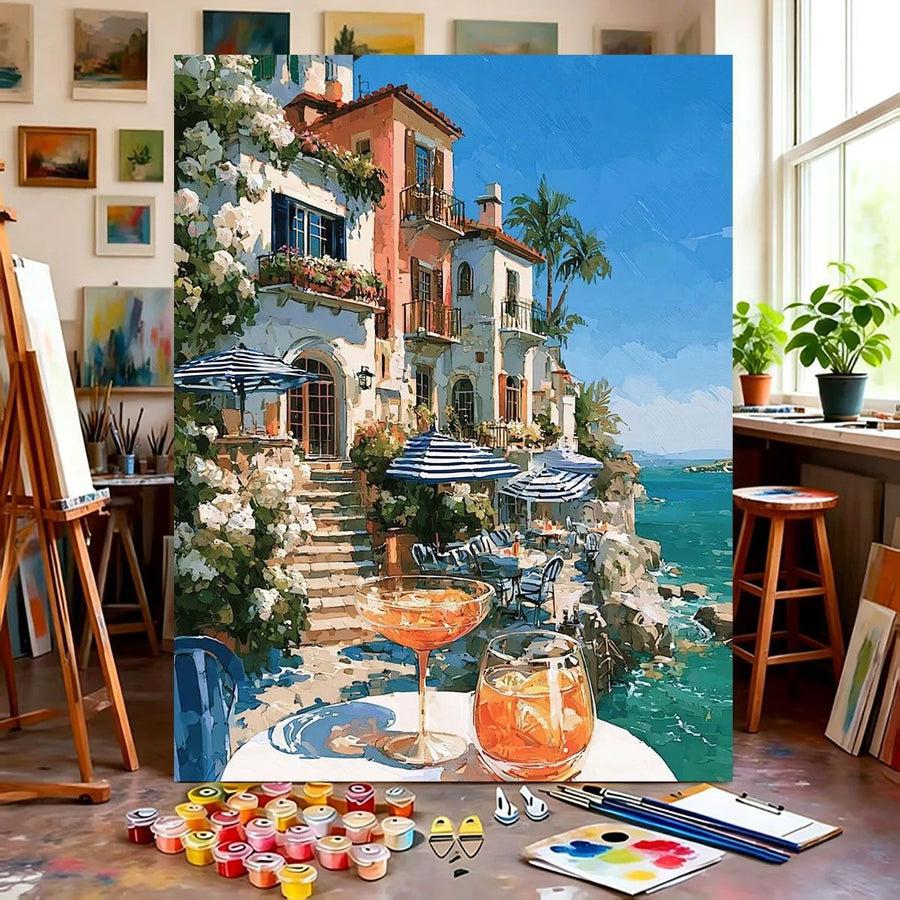 Coastal Town Seascape Paint by Numbers — DIY Canvas Oil Painting Kit