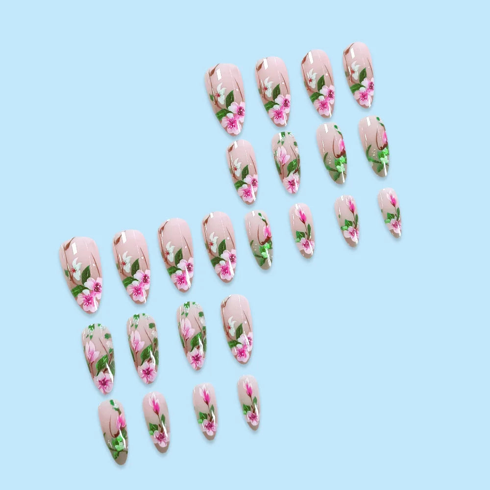 Short Almond Press On Nails — 3D Flower Design Acrylic Set