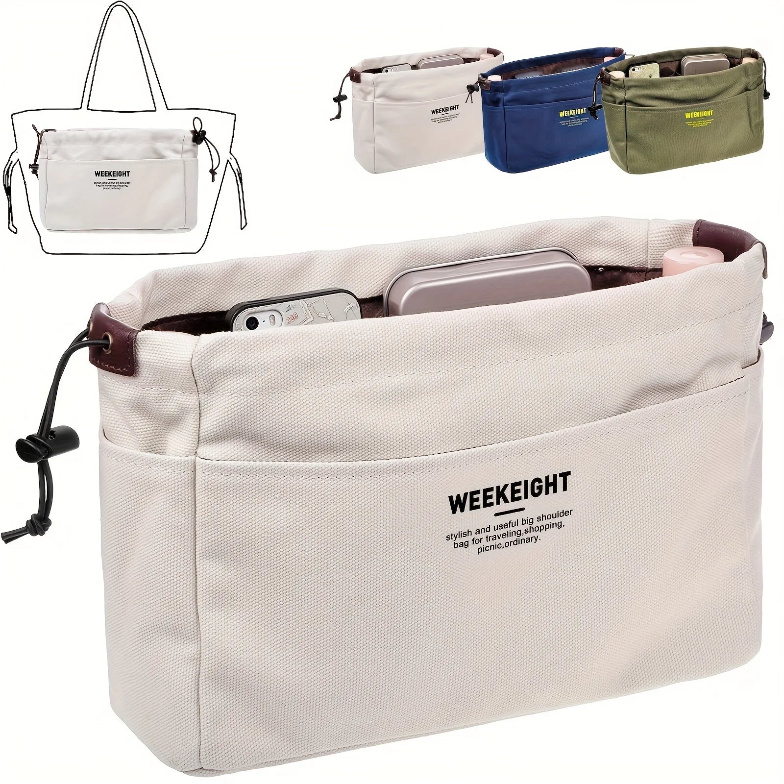 Canvas Drawstring Storage Bag — Multi-Pocket Portable Organizer