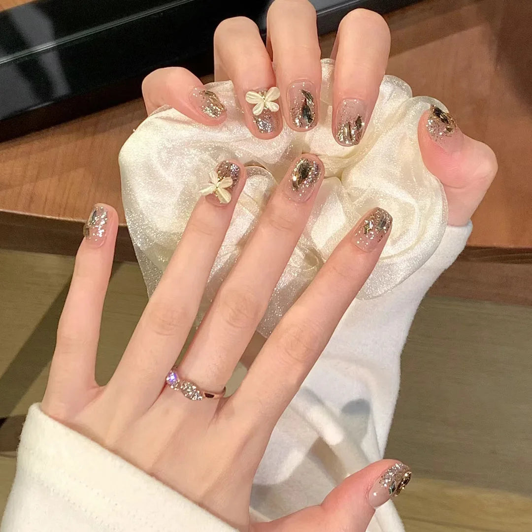 MAFANAILS Press On Nails — Short Almond Bowknot & Pearl French Tip Set