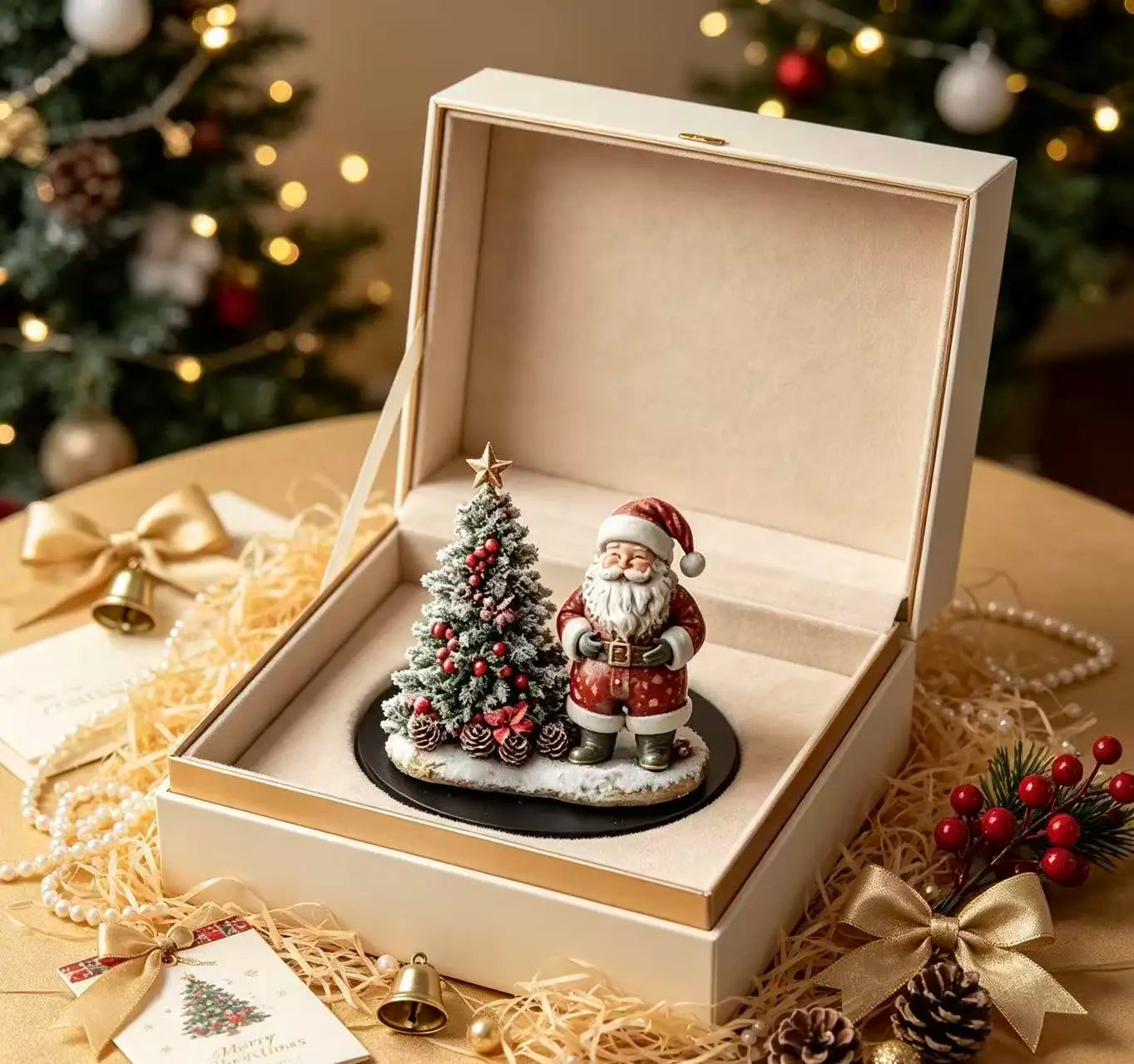 Santa Claus with Mini Christmas Tree Ornament — Festive Resin Desktop Decor