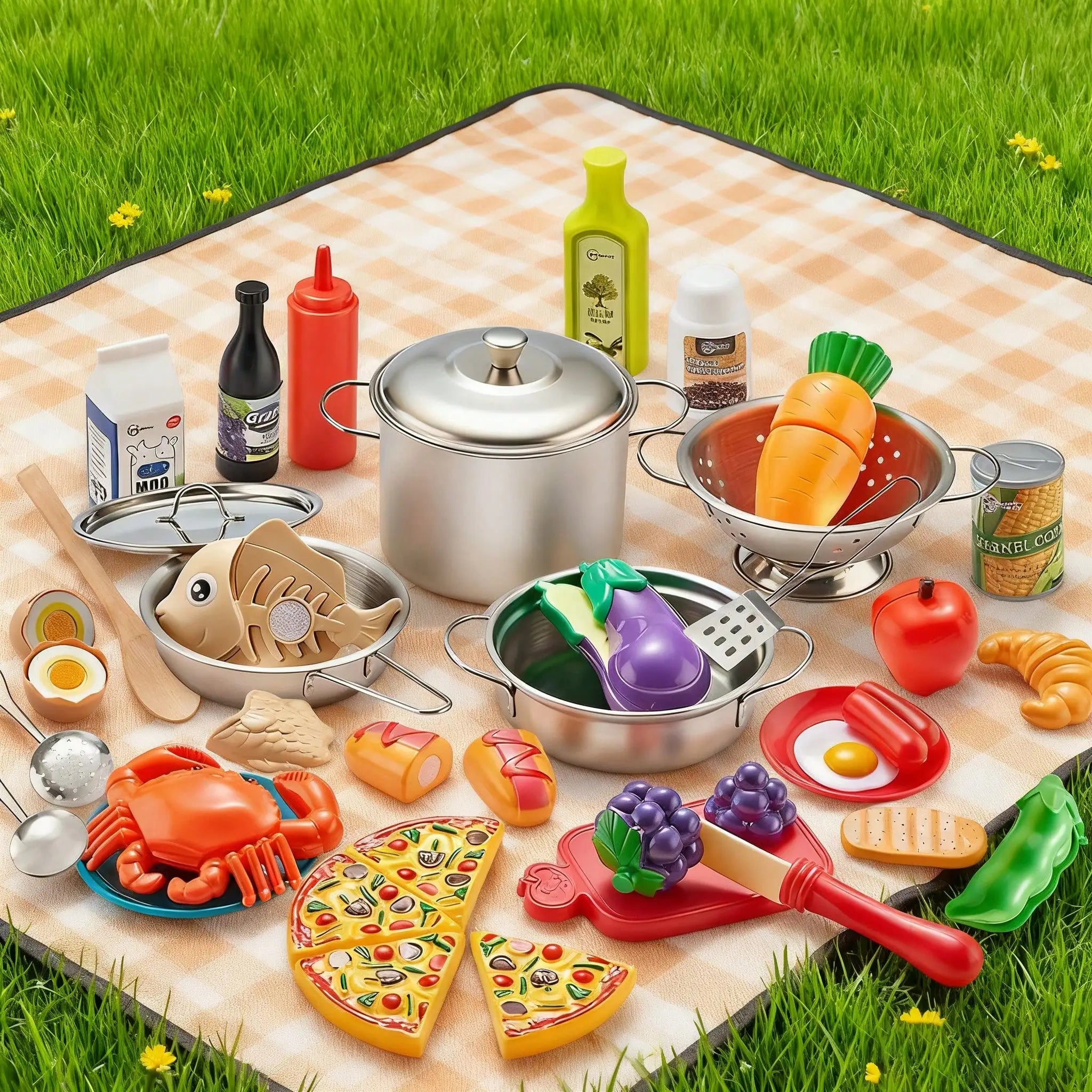 52-Piece Toddler Pretend Kitchen Set — Realistic Stainless Steel Cookware & Play Food