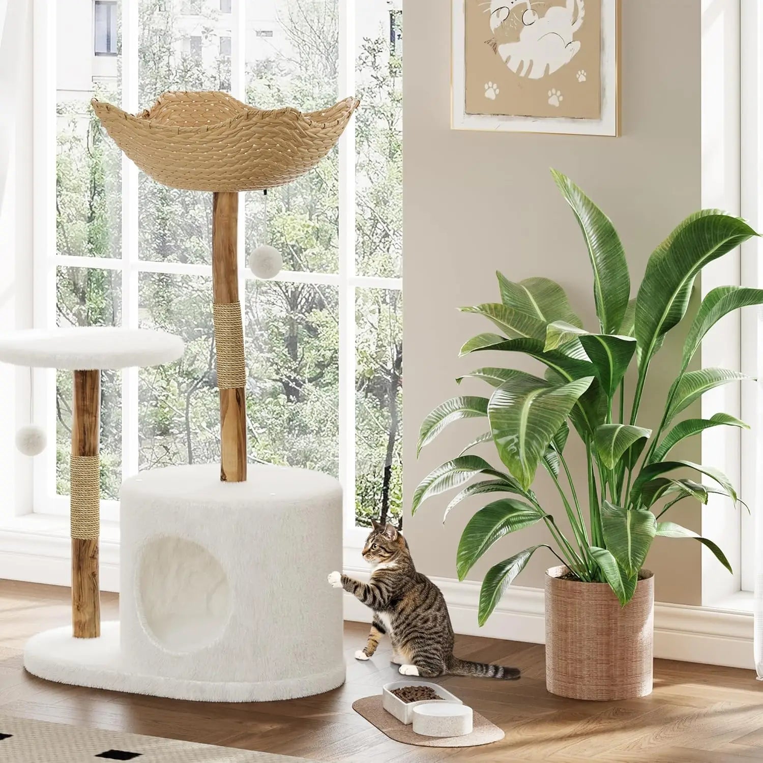 Wooden Cat Tree Tower with Rattan — Multi-Level Climbing Activity Center