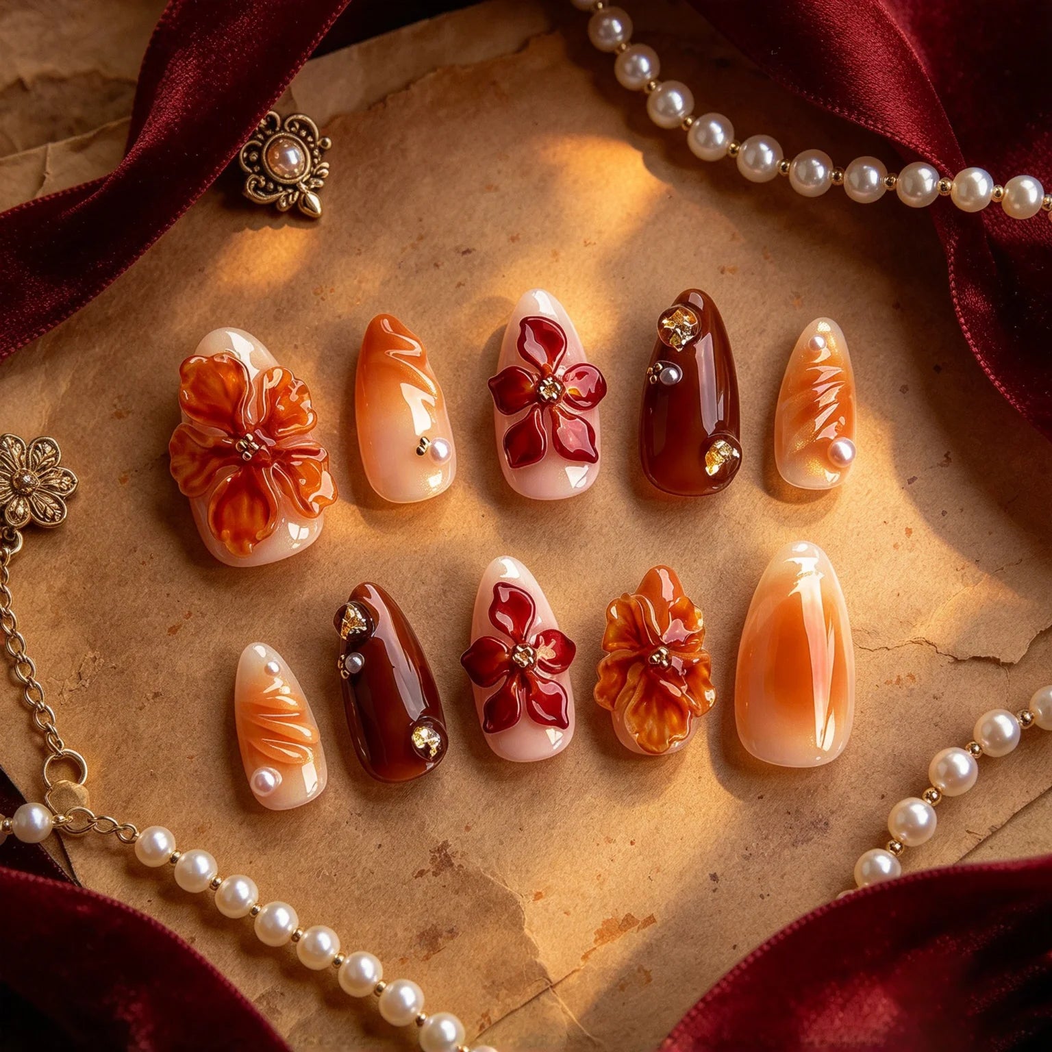 Short Almond Fall Flower Press On Nails — 3D Handmade Floral Manicure Set