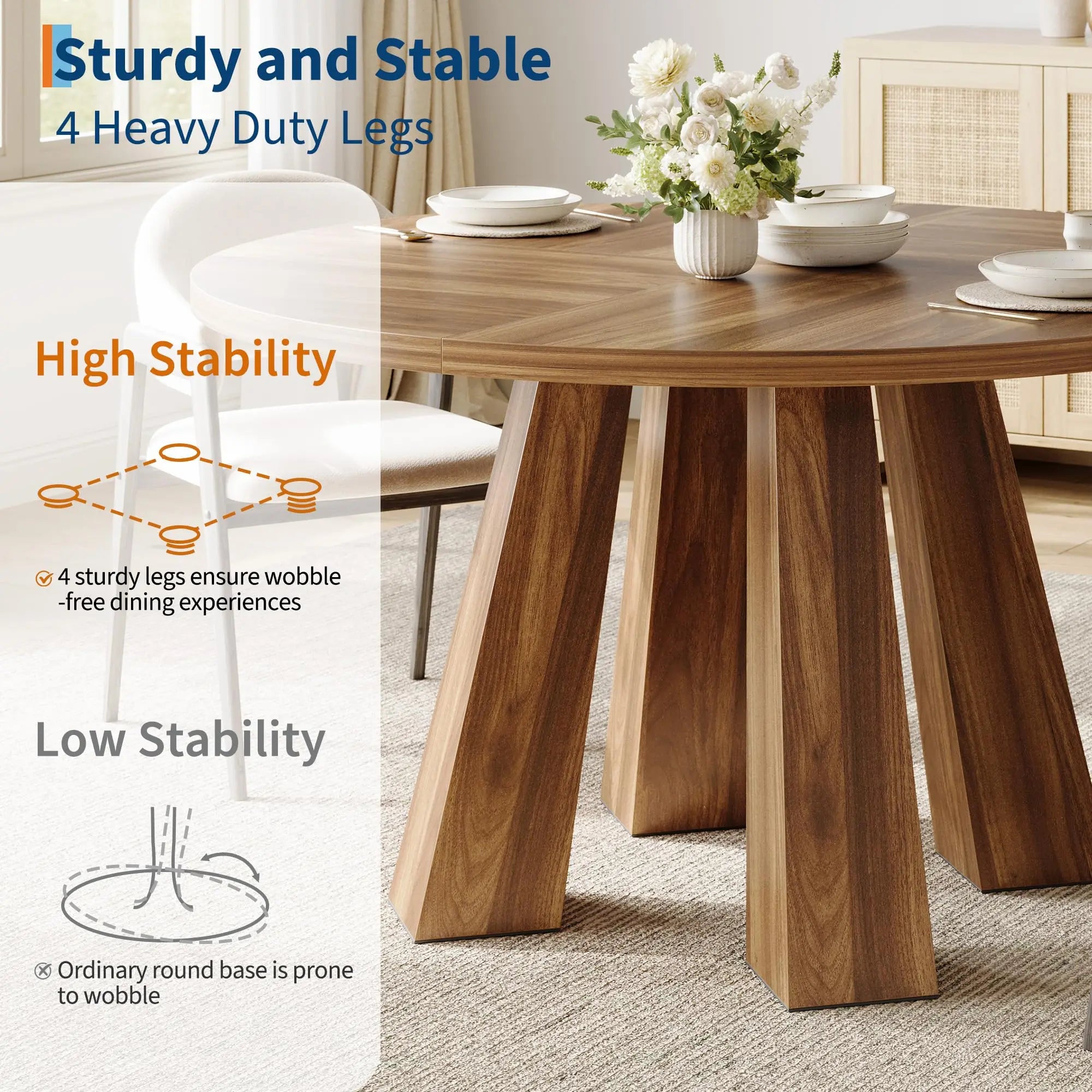HiMISS 47 Inch Round Dining Table — Farmhouse Herringbone Wood Top