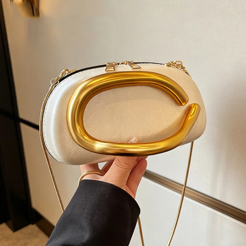 Elegant Round Evening Clutch — Metal Handle Crossbody Bag with Chain Strap