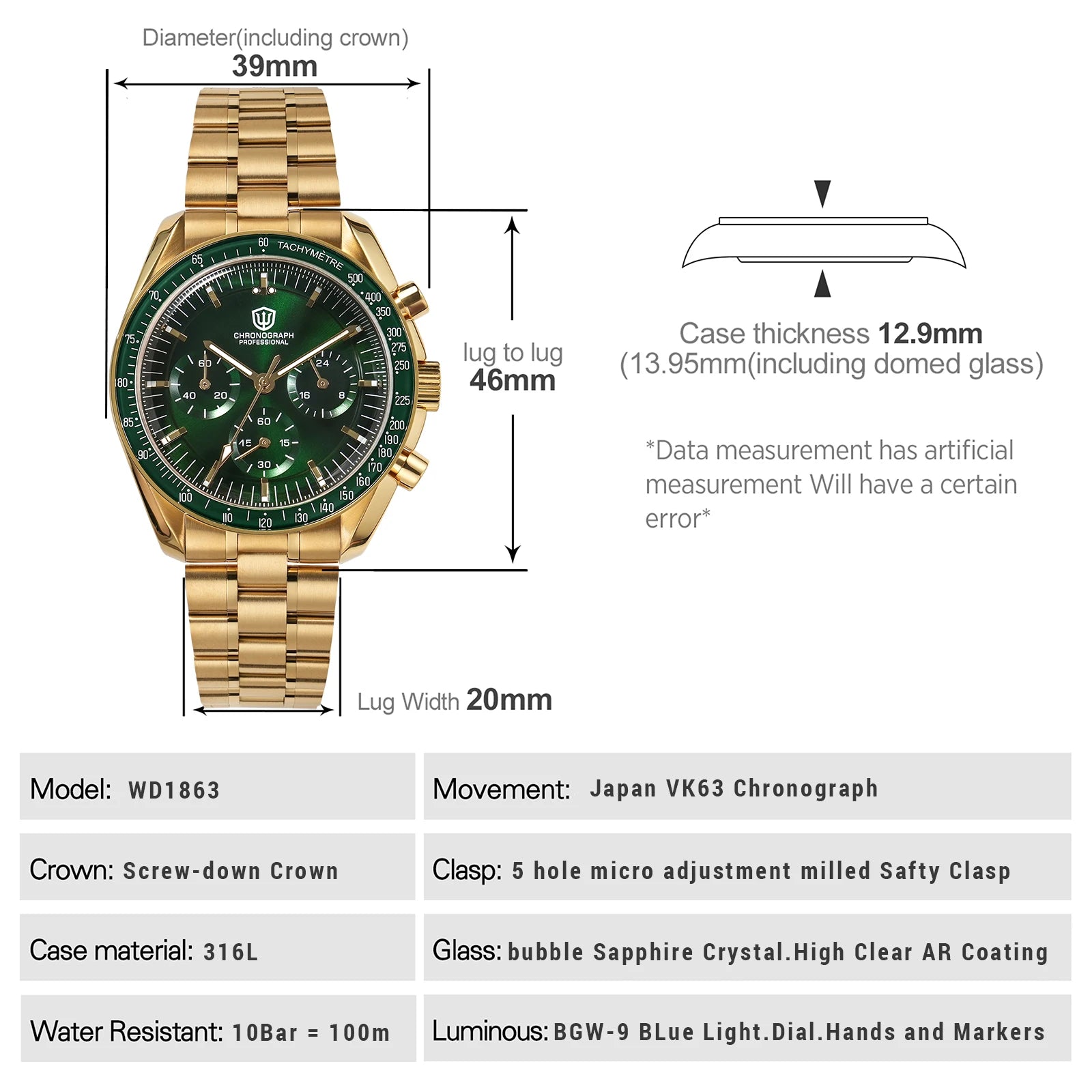 Watchdives WD1863 Chronograph Watch — Vintage Style Meca-Quartz Movement