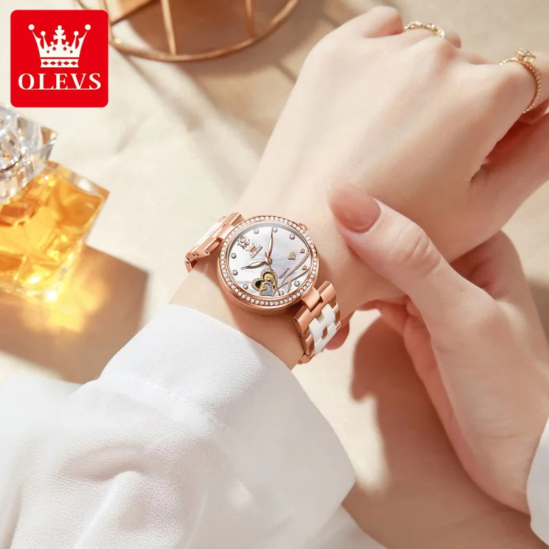 OLEVS 7086 Women's Luxury Watch — Automatic Mechanical Rose Ceramic