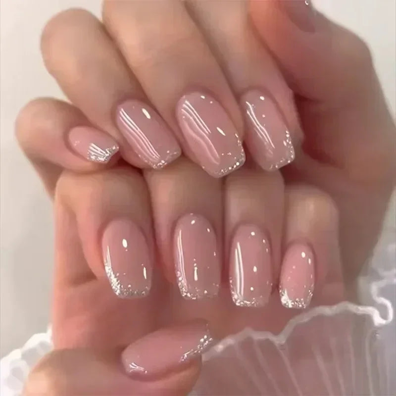 Qsezeny French Tip Press On Nails — Short Coffin Style Frosted Fake Nails