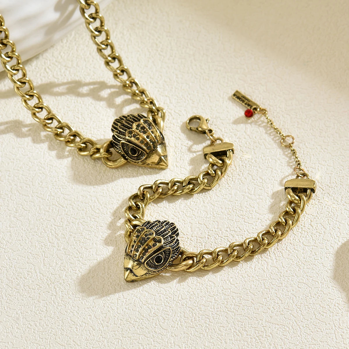 Obega Punk Eagle Head Jewelry Set — Antique Gold Curb Chain Set