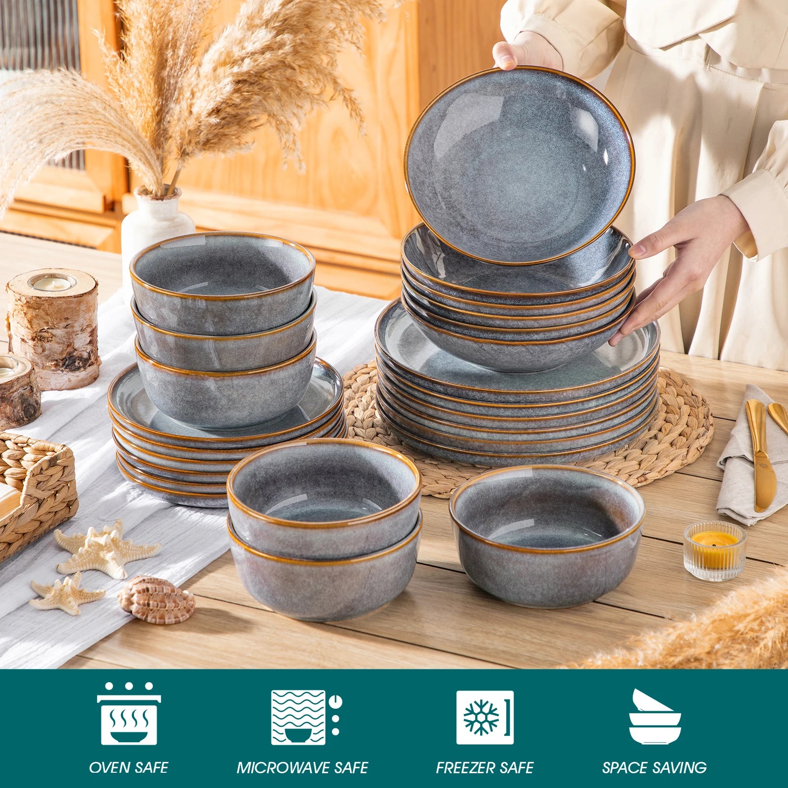 MALACASA Reactive Glaze Stoneware Dinnerware Set — Unique Grey-Blue Ceramic Plates
