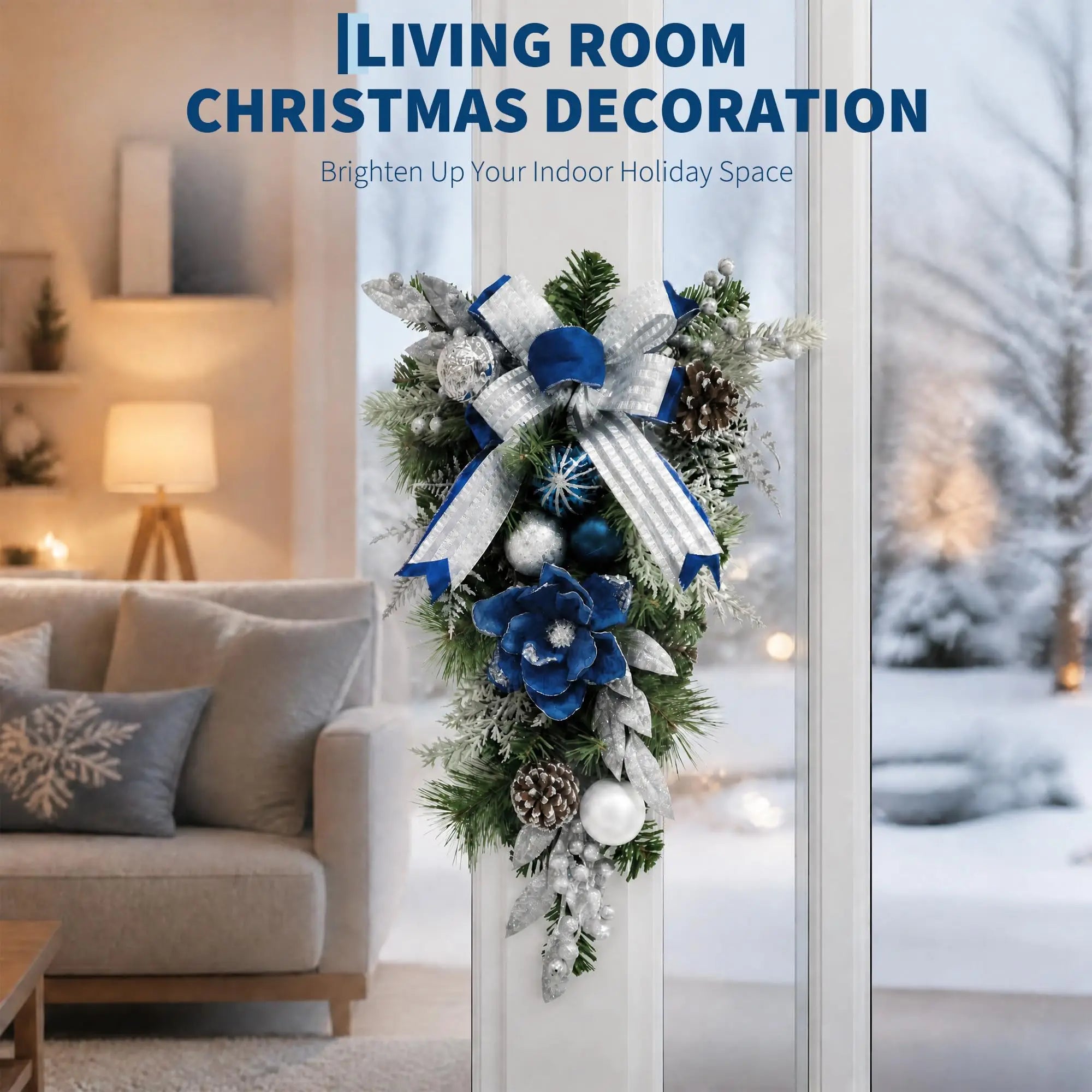 HiMISS Blue and Silver Christmas Teardrop Swag — Pre-Lit LED Door Decor