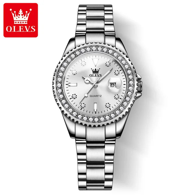 OLEVS Diamond Dial Quartz Watch — Elegant Stainless Steel Ladies Wristwatch