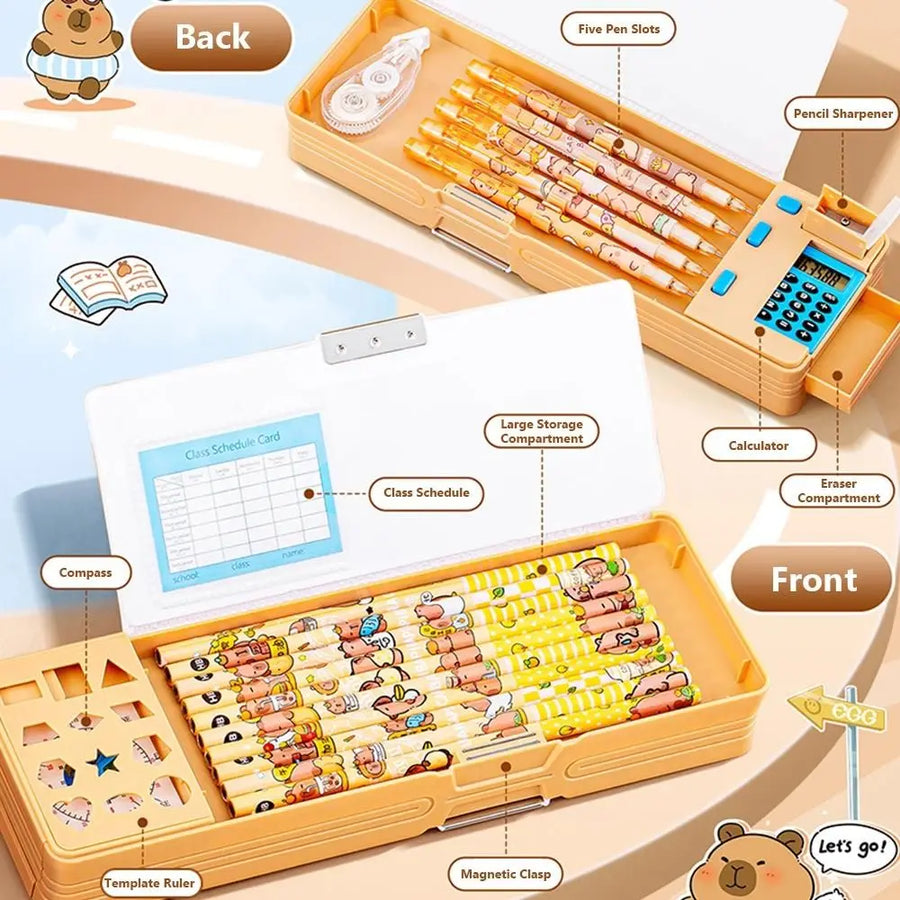 Multifunctional Plastic Pencil Case — Built-in Calculator and Sharpener