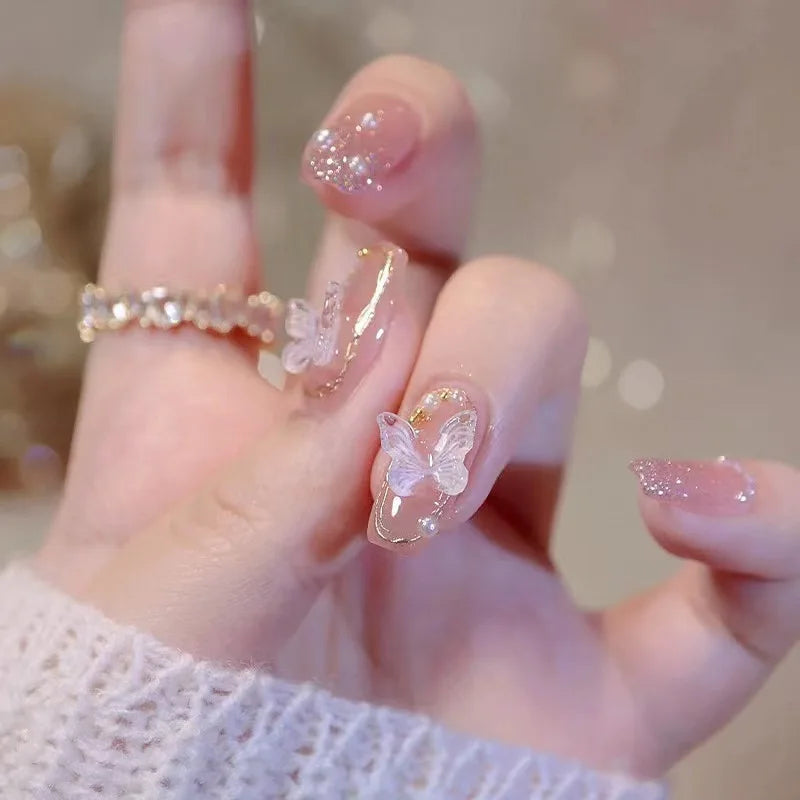 MAFANAILS Press On Nails — Short Almond Bowknot & Pearl French Tip Set