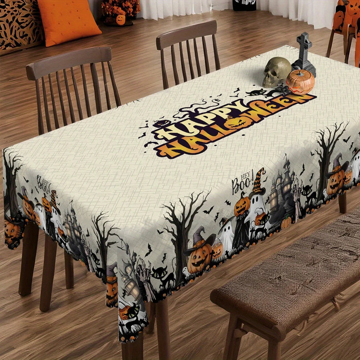 Spooky Halloween Ghost and Black Cat Tablecloth — Waterproof Reusable Decor