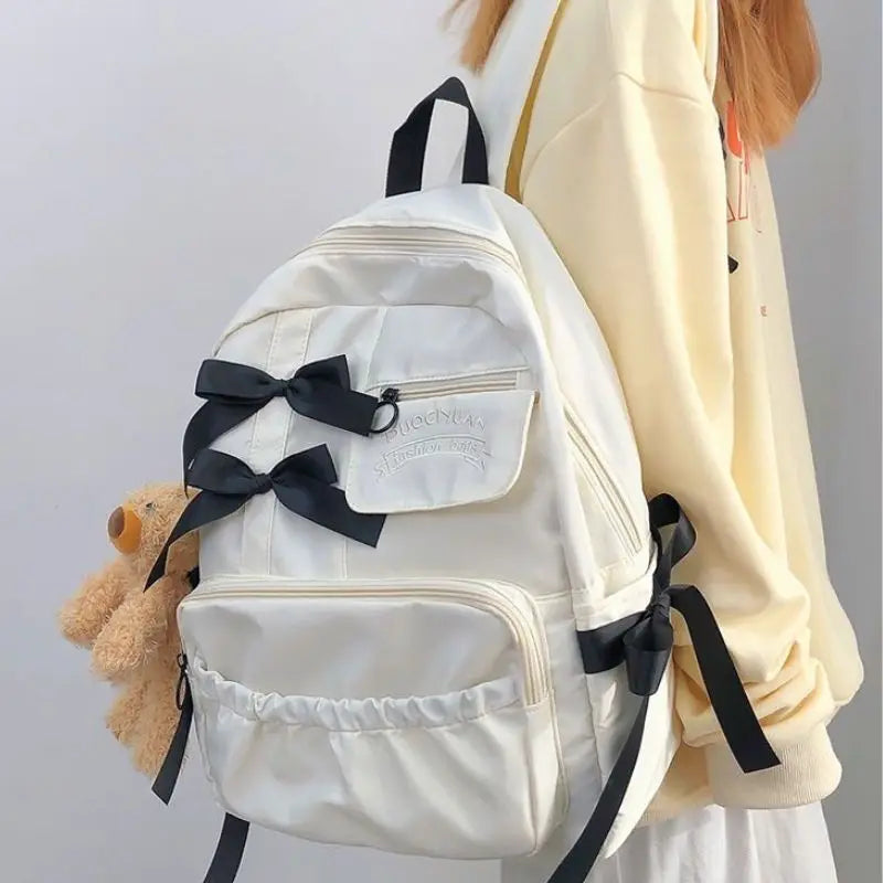 Cute Bow Canvas Backpack — Stylish College Style School Bag for Women