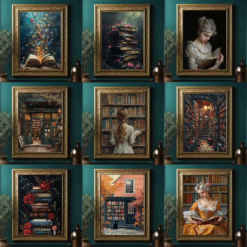 Vintage Bookstore Canvas Painting — Dark Academia Floral Wall Art