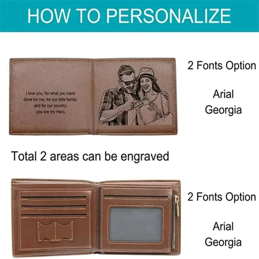 Personalized Photo Engraved Wallet — Custom Name Folding Purse for Men