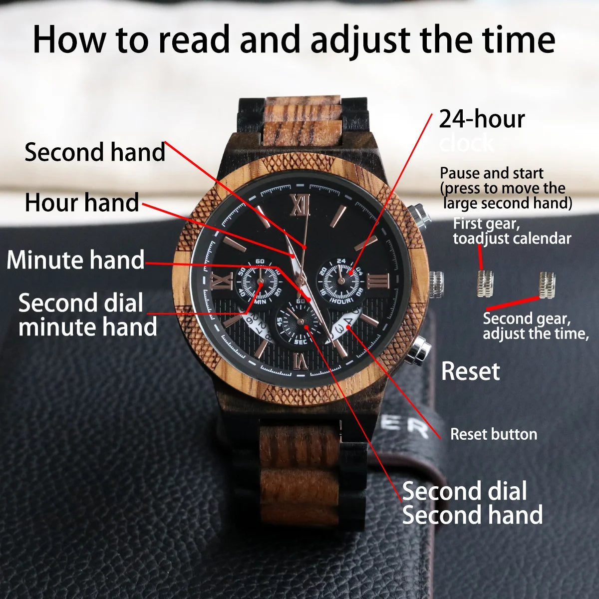 Rainch Red Sandalwood Men's Watch — Multifunction Quartz Wristwatch
