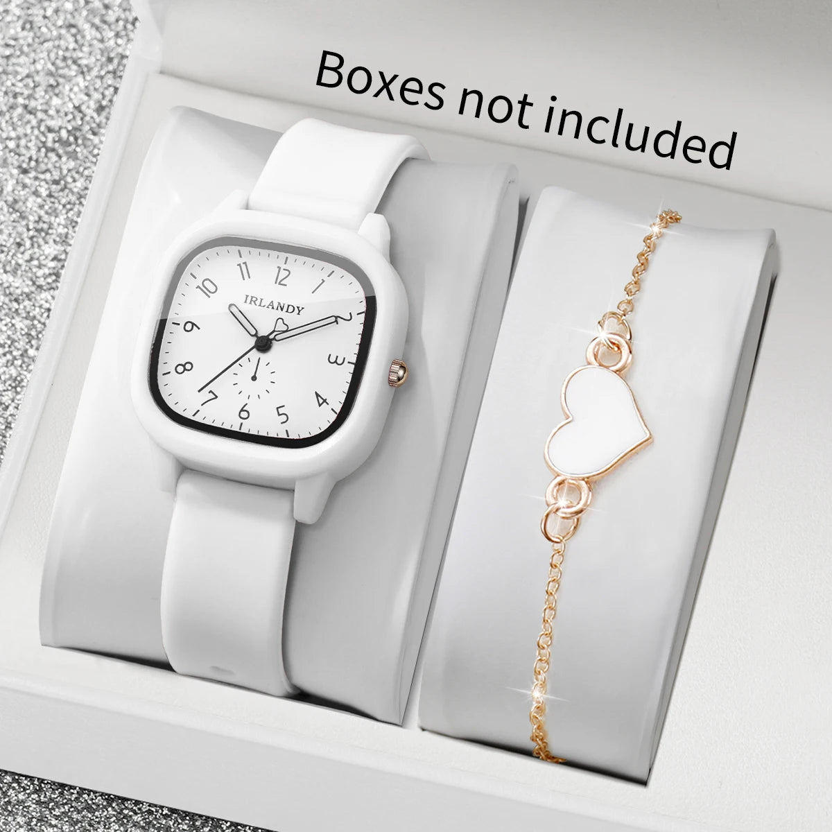 Women's Quartz Watch and Heart Bracelet Set — Square Dial with Silicone Strap