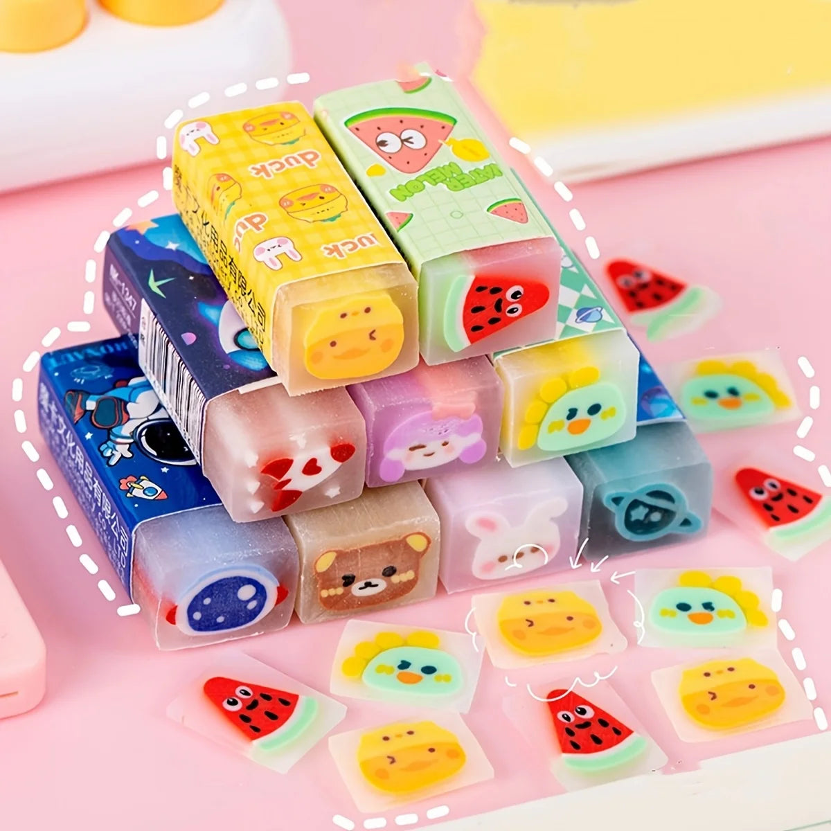 Assorted Cartoon Fruit Jelly Erasers — Fun Student Stationery Set