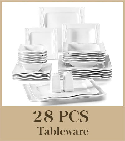 MALACASA 28-Piece Square Porcelain Dinnerware Set — Elegant White Ceramic Tableware