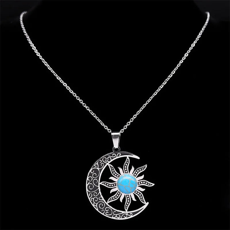 JYTF Moon and Sun Pendant Necklace — Vintage Stainless Steel Jewelry